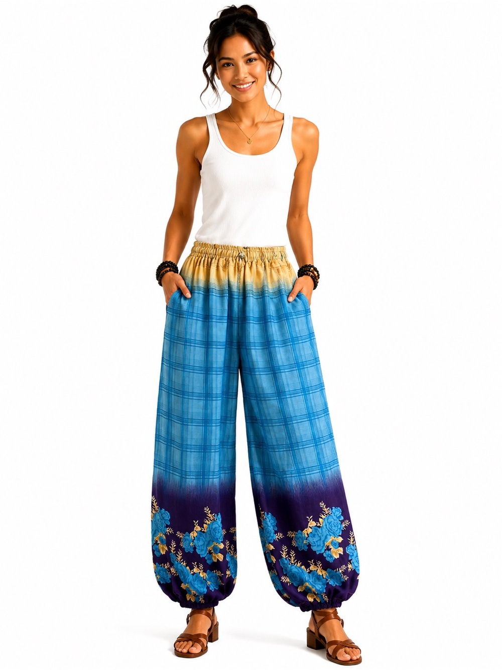 8D.New Herem Boho Floral Ombre Elastic-Waist Harem Pants -
